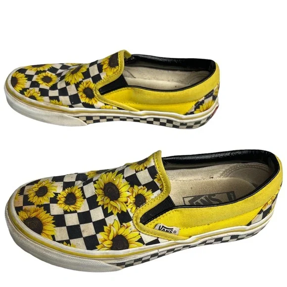 Vans Womens Yellow Sunflower Asher Slip On Checkered Sneakers Size 7 - Picture 3 of 10